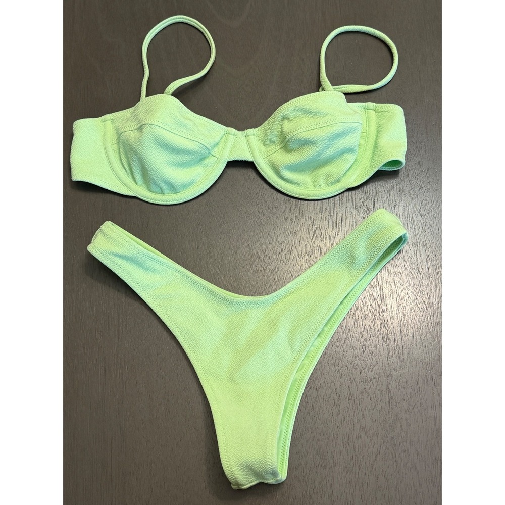 TJ SWIM Limie Green Textured Underwire Bikini Set Small High Cut Cheeky 2 pv